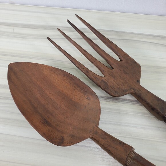 Hand Carved Wood Spoon Fork Set Salad Serving Utensils Grigg African Egyptian - Picture 8 of 8